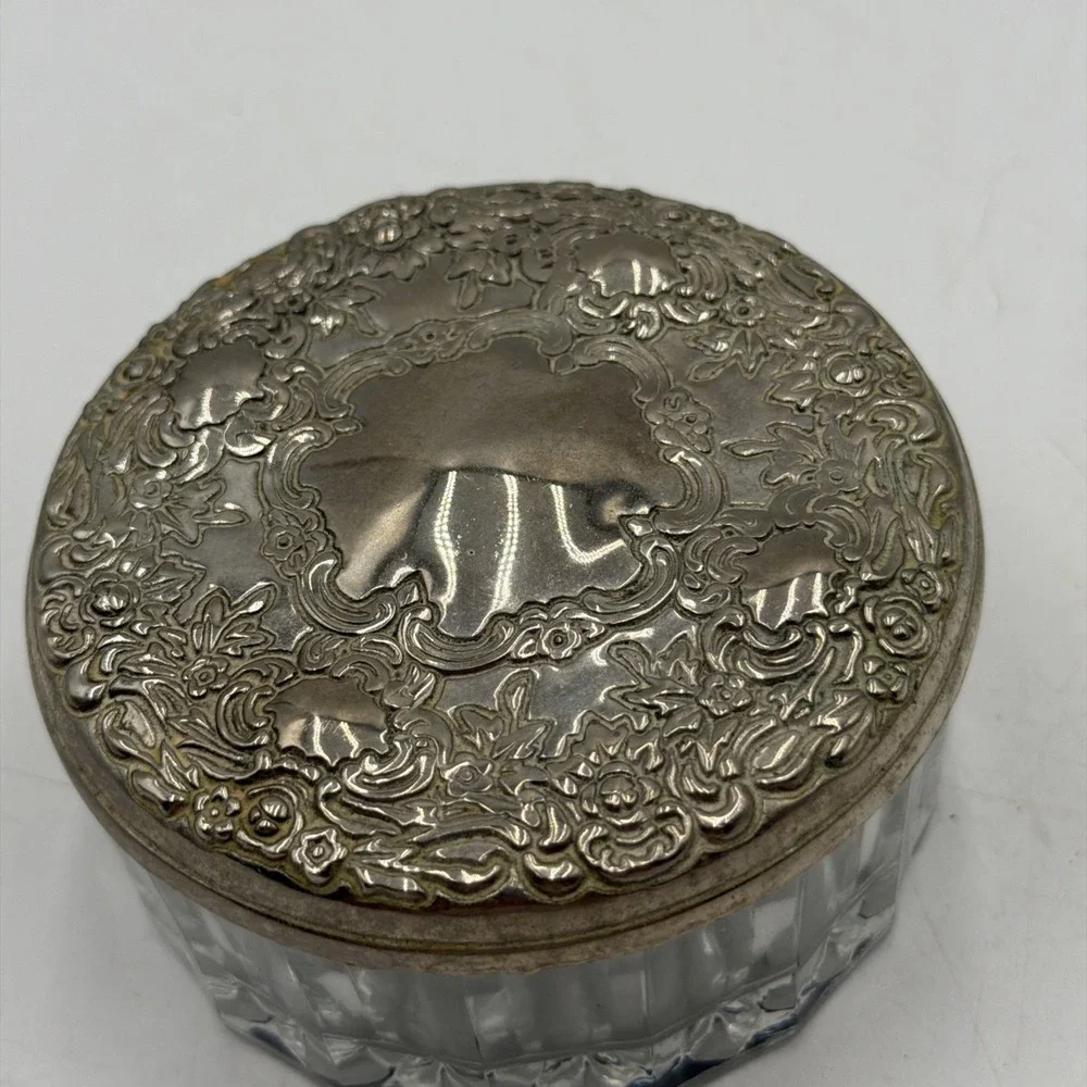 Vintage Vanity Powder Dresser Jar Round Glass Silver Plated Jewelry Trinket Box